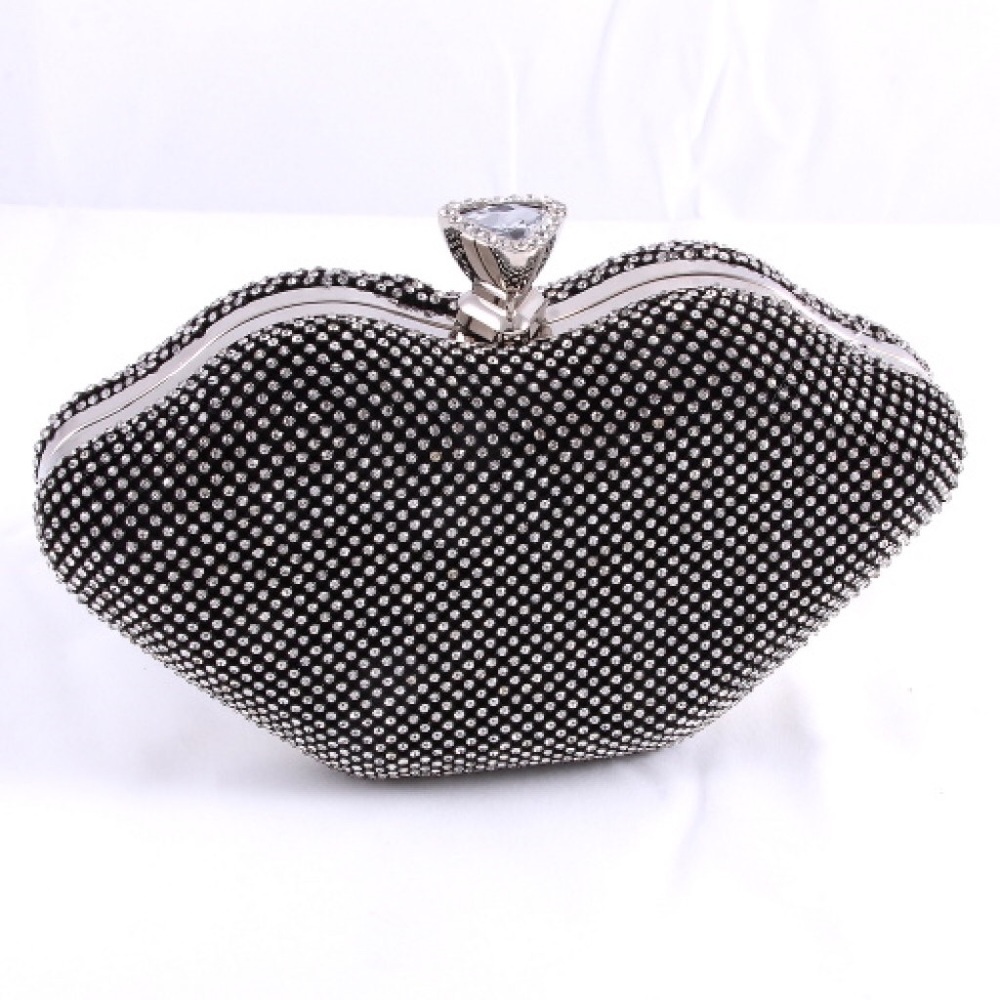 Large Silver Black Lip Rhinestone Clutch
